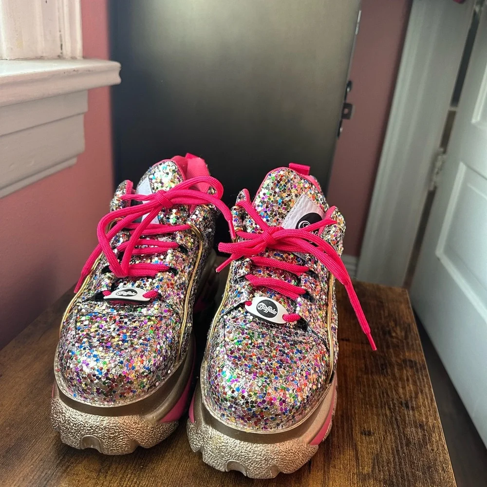 Buffalo London pink and gold rainbow glitter platform sneakers  40 women’s 9/10 - Picture 5 of 6